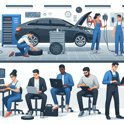 A garage with employees who can repair the cars.
Single Game Texture. In-Game asset. 2d. Blank background. High contrast. No shadows.