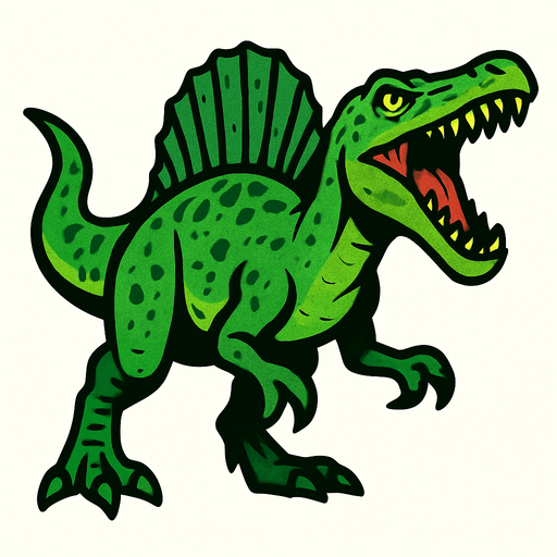 Spinosaurus, yeşil, ağzı açık.
In-Game asset.  2d.  High contrast.  No shadows