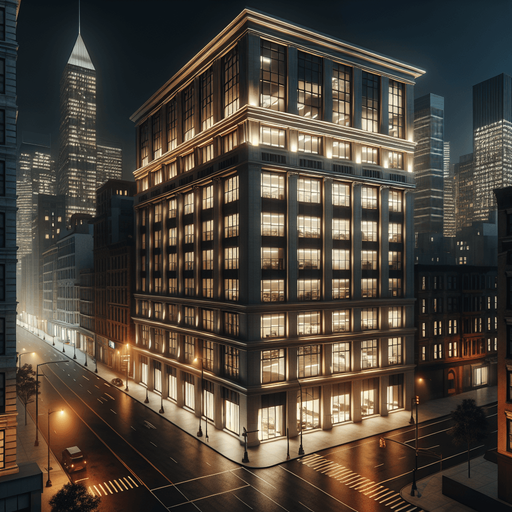 Photorealistic office house at New york night from front view.