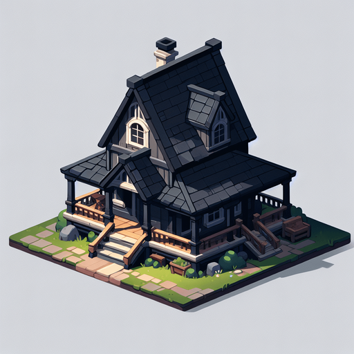 A house.
Single Game Texture.  In-Game asset.  2d.  Blank background.  High contrast.  No shadows