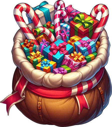 open top of Santa's sack. wrapped presents with ribbons and box, vivid colours, candy canes Single Game Texture. In-Game asset. 2d. Blank background. High contrast. No shadows.
