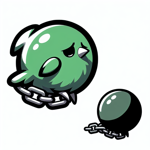 A sad little green bird sitting in ball chain..
Single Game Texture. In-Game asset. 2d. Blank background. High contrast. No shadows.