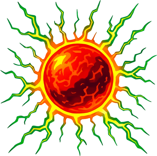 An solid plasma ball of electrical force emanating power filled with reds yellows and green electric power.
In-Game asset.  2d.  High contrast.  No shadows