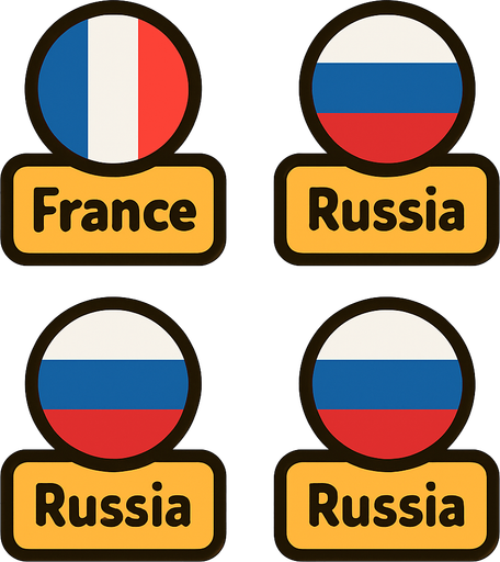 A flat, 2D game UI-style asset showing a vertical set of three country pins labeled: "France "Russia". Each pin includes a circular flag icon above the text label. The layout is columnar, cartoonish, and visually clean. Each pin should be exportable or usable individually for a mobile game's level selection screen..
In-Game asset.  2d.  High contrast.  No shadows