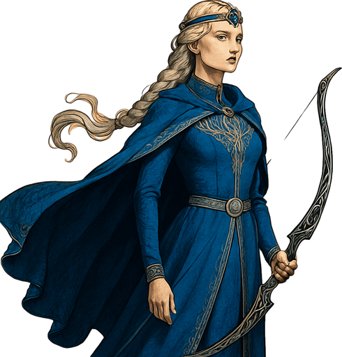 A noblewoman-archer dressed in royal blue and silver, standing on a hilltop during dawn. Female, 30 years old, graceful but strong, with long platinum blonde hair in a braid, storm-grey eyes, and porcelain skin. She wears a sapphire-encrusted circlet and carries an ornate elven longbow. Her cloak flutters in the wind. Realistic, highly detailed, elegant fantasy tone. relistic.
In-Game asset.  2d.  High contrast.  No shadows