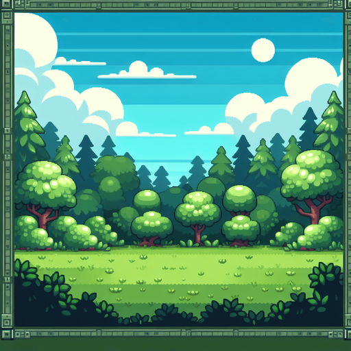 2d animation background forest with green and blue.
Single Game Texture.  In-Game asset.  2d.  Blank background.  High contrast.  No shadows
