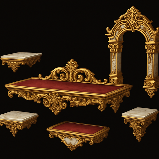 Design elegant, baroque-style 2D game platform with gold trim, carved floral designs, velvet or marble textures. Platform should feel like floating pieces of palace architecture — fancy, surreal, and majestic..
In-Game asset.  2d.  High contrast.  No shadows