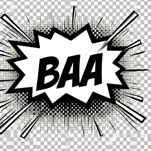 a white text bubble that says "baa," comic book style..
Single Game Texture. In-Game asset. 2d. Blank background. High contrast. No shadows.