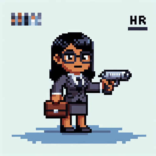 Single Game Texture. In-Game asset. 2D. Blank background. High contrast. No shadows. A pixel-art HR professional wearing a suit and tie, glasses, and holding an oversized cartoonish gun. The character should have a confident stance, professional yet whimsical, styled for a retro game.
Single Game Texture. In-Game asset. 2d. Blank background. High contrast. No shadows.