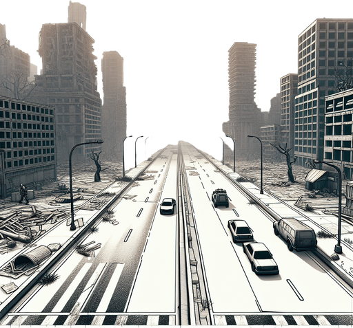 Open road in a city that is plagued by zombies.
Single Game Texture. In-Game asset. 2d. Blank background. High contrast. No shadows.