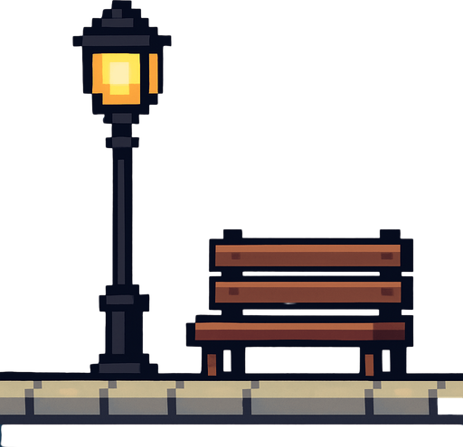 sokak lambası kaldırım ve bank pixel.
In-Game asset.  2d.  High contrast.  No shadows