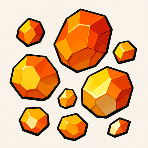 Chunky, crystalline fragments

```
- Shape: Angular, geometric crystal-like chunks
- Colors: Orange-red (#FF4400), yellow (#FFAA00), white
- Surface: Slightly reflective, faceted appearance
- Size variations: 3 different sizes (small, medium, large).
In-Game asset.  2d.  High contrast.  No shadows