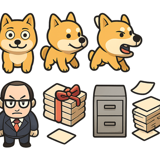 Okay, here's a prompt designed for an AI image generator (like Midjourney, Stable Diffusion, DALL-E 2/3, etc.) to create a concept asset sheet for "DOGE vs. Bureaucracy". Remember that AI generators might need refinement or multiple attempts, and you might have to cut out and arrange the final assets yourself.
Prompt:
"Create a 2D game asset sprite sheet for a humorous, top-down hero defense game called 'DOGE vs. Bureaucracy'. The art style should be clean, cartoonish, slightly exaggerated, and meme-inspired, capturing the absurdity of office bureaucracy. All assets should be viewed from a top-down perspective, have clearly defined outlines, be suitable for a casual game, share a reasonably consistent scale, and be arranged neatly in a grid on a plain white or transparent background.
The sprite sheet should include concepts for the following assets:
1. Hero - DOGE (Shiba Inu):
* Idle state (classic Doge expression).
* Walking state (simple 2-frame cycle concept is fine).
* Basic Attack.
In-Game asset.  2d.  High contrast.  No shadows