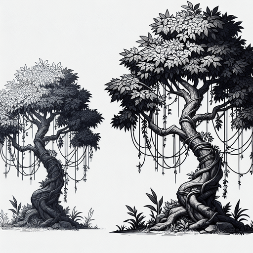 tree with vines.
In-Game asset.  2d.  Blank background.  High contrast.  No shadows