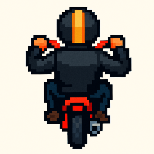 motociclista de chaqueta negra hecha con pixeles con perspectiva desde arriba y trasera.
In-Game asset.  2d.  High contrast.  No shadows