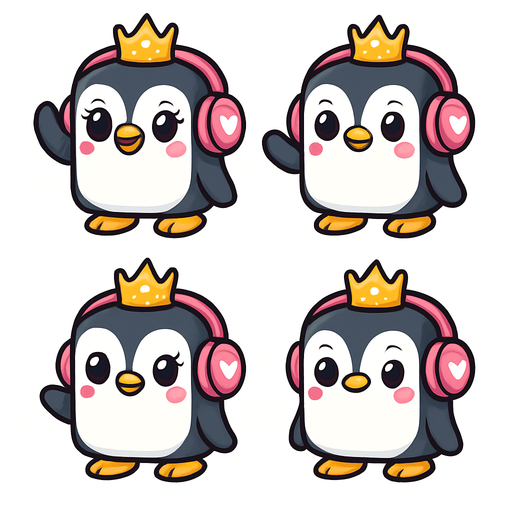 Create a 2D character sprite sheet, arranged in a 2x2 grid. The subject is an adorable, girly, cubical Penguin Princess. She wears a small, cute sparkling crown. Her oversized pink headphones have a small white heart decal on each ear cup. She has large, expressive eyes and a sweet smile. The style is clean vector art with simple cel shading, on a plain white background. The 4-frame animation is a side-to-side wave.
Frame 1: The character raises her flipper to head height, hand held straight.
Frame 2: The flipper, still at head height, pivots to the left.
Frame 3: The flipper, still at head height, pivots to the right.
Frame 4: The character begins to lower her flipper from head height..
In-Game asset.  2d.  High contrast.  No shadows