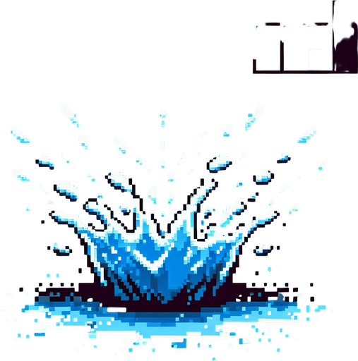 8-bit water splash effect.
Single Game Texture. In-Game asset. 2d. Blank background. High contrast. No shadows.