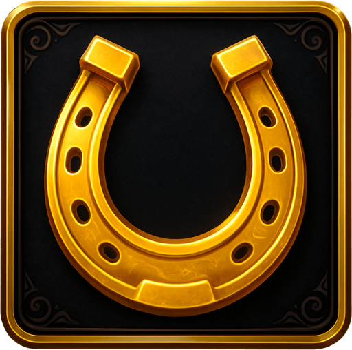 Crea un asset visual completo para el símbolo 'F' de Megaways: una Herradura Dorada, directamente sobre su panel de fondo.

Diseño General:

Forma: Un panel cuadrado o ligeramente redondeado.

Fondo del Panel: Terciopelo oscuro (negro o azul noche) o un metal pulido muy oscuro.

Borde: Un borde elegante dorado o plateado alrededor del panel.

Detalles del Fondo: Puede tener un patrón sutil de filigrana de casino en las esquinas del panel.

Símbolo Central (la Herradura):

Una herradura clásica, de color dorado brillante y con un acabado metálico, posicionada centralmente.

Puede tener pequeños detalles grabados o incrustaciones sutiles..
In-Game asset.  2d.  High contrast.  No shadows