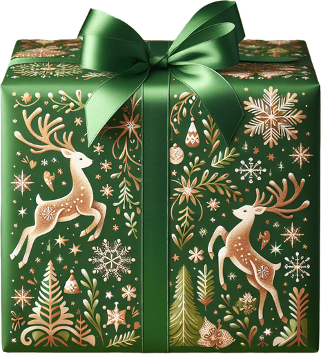 Green Christmas wrapped box with deer designed, front view.