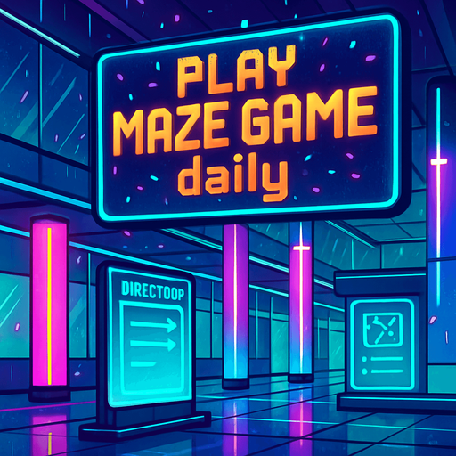 “Render a futuristic plaza interior with holographic directories, neon columns, and reflective glass panels. A massive overhead display reads ‘Play Maze Game daily’ in bold animated text. Include drifting digital confetti effects, subtle rain droplets on glass, and ambient neon glow—no characters or coins.”.
In-Game asset.  2d.  High contrast.  No shadows