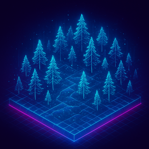 Top down isometric cyberpunk simulation hologram grid projection forest
