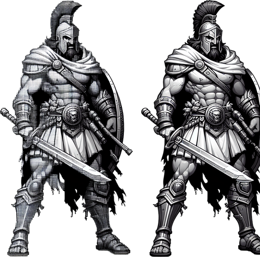 An animated image of an aggressive ancient greek warrior.
Single Game Texture. In-Game asset. 2d. Blank background. High contrast. No shadows.
