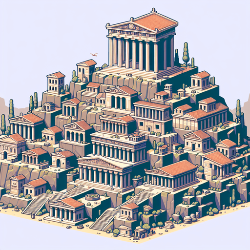 An animated image of an ancient greek city with an Acropolis.
Single Game Texture. In-Game asset. 2d. Blank background. High contrast. No shadows.