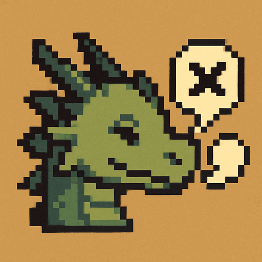 A small pixel art dragon head viewed from the side, mouth closed with a small puff of smoke or a speech bubble with a cross to symbolize that sound is off. The expression is calm and cute. Designed as a fantasy-themed icon for a retro-style 2D game UI..
In-Game asset.  2d.  High contrast.  No shadows. pixel art. side view. cute. fantasy. retro. dragon. mute. icon