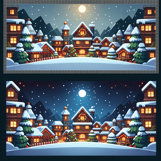 Christmas night, a village in the bottom, cartoon Single Game Texture. In-Game asset. 2d. Blank background. High contrast. No shadows.