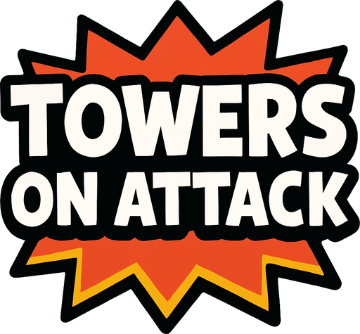 Towers On Attack yazısı.
In-Game asset.  2d.  High contrast.  No shadows