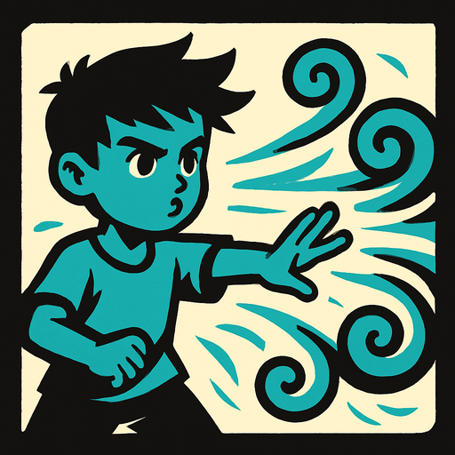 A boy controlling wind.
In-Game asset.  2d.  High contrast.  No shadows