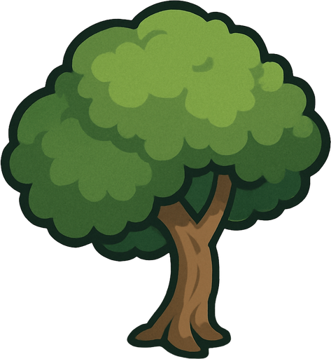 A 2D top-down tree (a little bit short and weird) viewed from a slight rear top angle, positioned beside a road, showing the top and a bit of the back side. The tree is slightly angled to match the camera perspective, with visible foliage and trunk shape. Daylight, clean background, suitable for roadside environment in a driving game..
In-Game.
In-Game asset.  2d.  High contrast.  No shadows