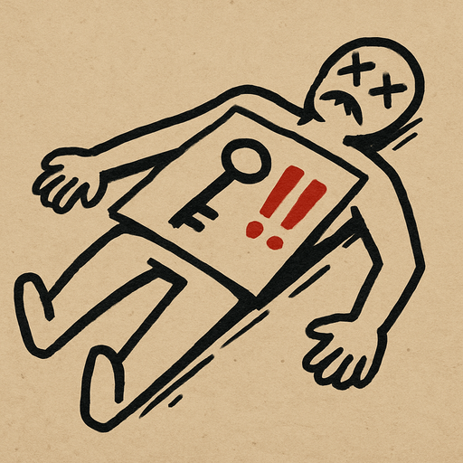 a drawing pic by pen about a dead body have paper on his stomach have key painting and "!!!" beside it, red color of "!!!".
In-Game asset.  2d.  High contrast.  No shadows