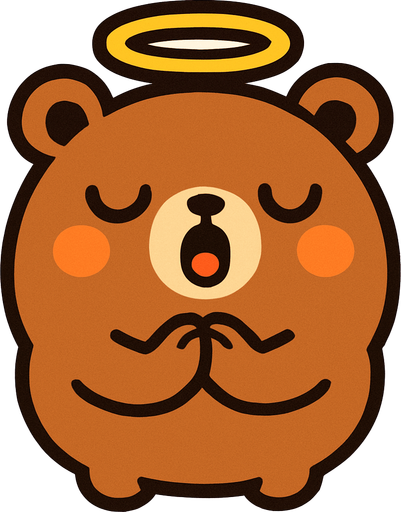 un oso redondito, con una aureola, cara kawai y con los brazitos juntitos como rezando y cantando.
In-Game asset.  2d.  High contrast.  No shadows