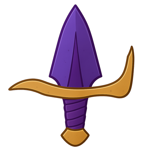 A knife with purple and golden around it. No background. Transparent background. Blank background. No shadows. 2d. In-Game asset. flat