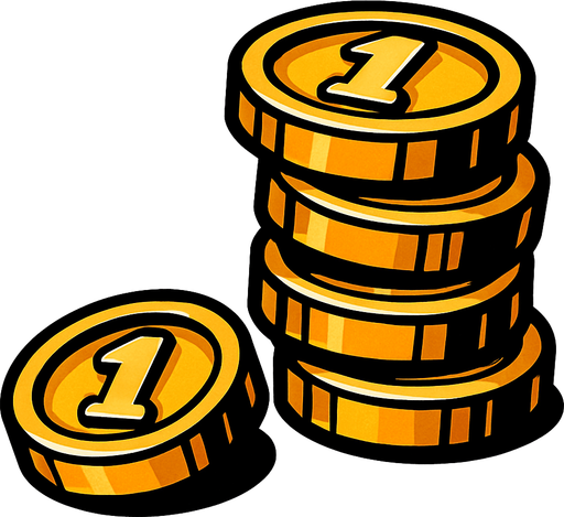 5 tane üst üste durmuş, kule gibi ama yamuk olan ve bir tanede yere düşmüş madeni para.
In-Game asset.  2d.  High contrast.  No shadows