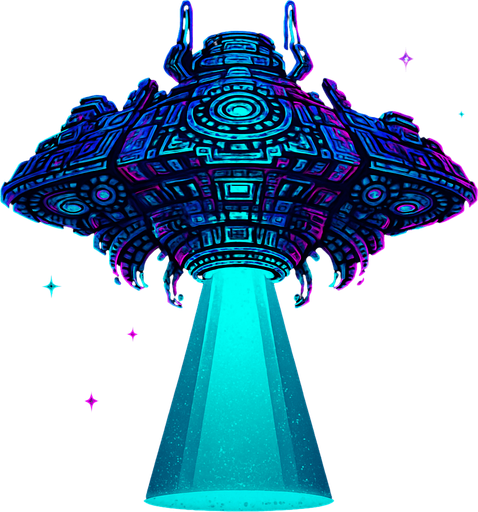 Big detailed alien star cruiser with lights and tractor beam beaming down.
In-Game asset.  2d.  High contrast.  No shadows