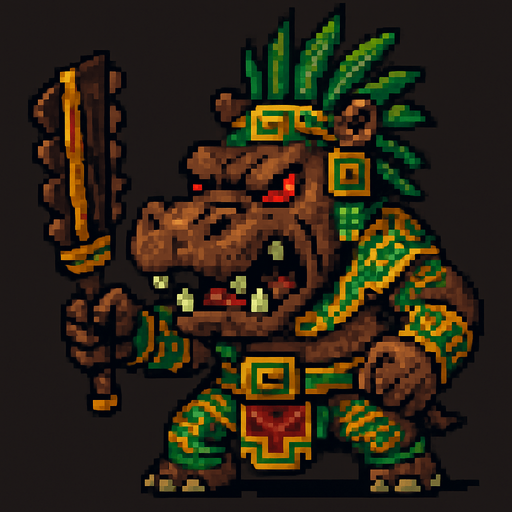 Genérame un hipopotamo guerrero azteca con eso patrones, estilo pixelar, con una apariencia maligna, ojos rojos, rabioso. Unidad cuerpo a cuerpo. Animal..
In-Game asset.  2d.  High contrast.  No shadows