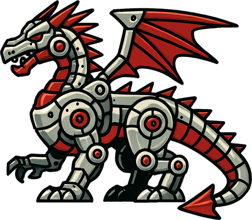 silver red row dragon mecha side scroller.
In-Game asset.  2d.  High contrast.  No shadows