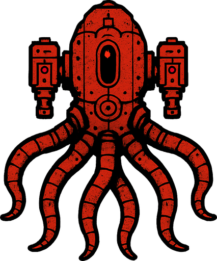 vertical top down red burn robotic octopus scifi war submarine.
In-Game asset.  2d.  High contrast.  No shadows