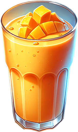 A nice glass of mango lassie.
Single Game Texture. In-Game asset. 2d. Blank background. High contrast. No shadows.
