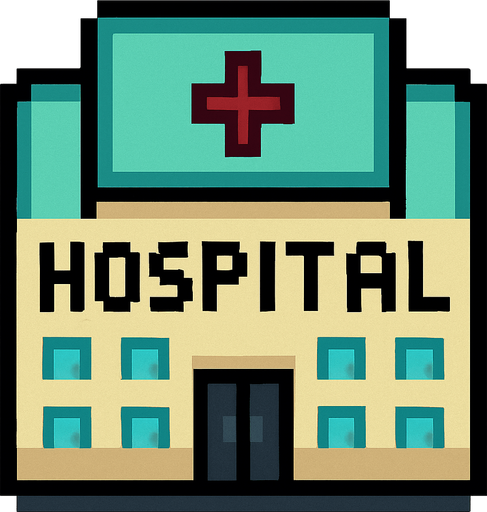 Hospital building 2d pixilated topdown.
In-Game asset.  2d.  High contrast.  No shadows