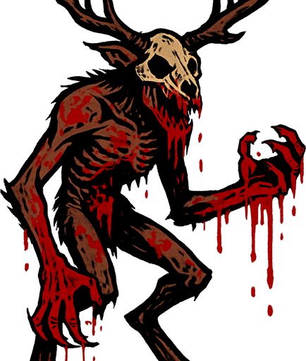 a wendigo with blood.
In-Game asset.  2d.  High contrast.  No shadows