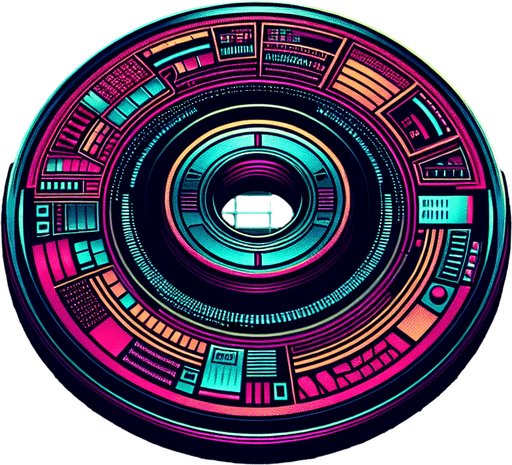 retro cyberpunk datadisk in neon colors.
Single Game Texture. In-Game asset. 2d. Blank background. High contrast. No shadows.