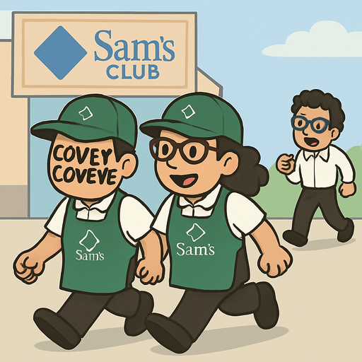 Los dos persoanjes que van corriendo tienen que llevar ropa similar, la cual es Mandil verde con logo de sams club, al igual que la gorra.
Playera blanca de polo y pantalones negros.
La chica usa lentes y el molote es mas pequeño.
Que los colores sean mas claros, no quiero ese tono sepia