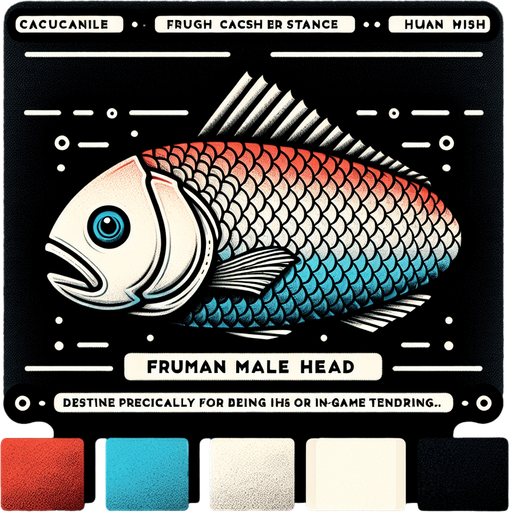 A fish with an Human male weird head in color in a realistic style.
Single Game Texture. In-Game asset. 2d. Blank background. High contrast. No shadows.