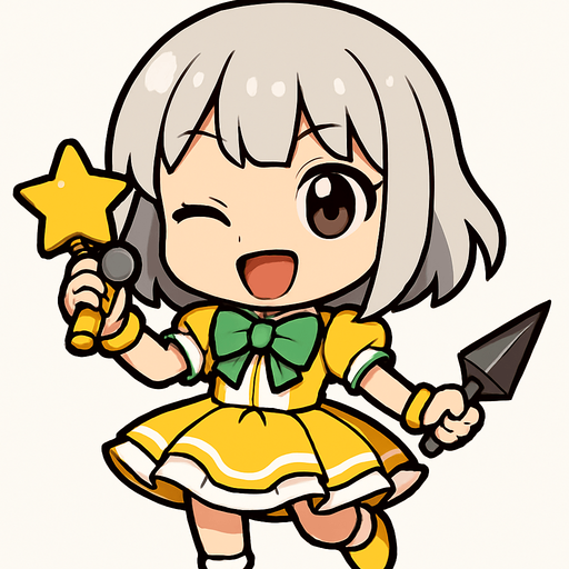 Esta chica tiene un diseño de estilo chibi anime, lo que le da un aspecto adorable y expresivo. Aquí va una descripción detallada:

🔸 Apariencia general:
Es una niña pequeña de proporciones caricaturescas, con cabeza grande y cuerpo diminuto, típica del estilo chibi.

🔸 Cabello:
Cabello platinado o gris, corto, llega hasta sus hombros. Flequillo recto.

🔸 Ropa:
Viste un traje colorido similar al de una idol japonesa:

Vestido amarillo y blanco con detalles verdes

Moño verde en el pecho

Falda con vuelo, adornada con líneas blancas y amarillas

🔸 Accesorios:

Lleva un micrófono con forma de estrella en una mano, lo que sugiere que es una cantante o idol.

En la otra mano, sostiene kunak, lo cual le da un toque de una ninja alegre
🔸 Expresión:
Tiene una expresión alegre, decidida y enérgica, como si estuviera lista para una canción. Un ojo cerrado y la boca abierta de felicidad, simulando que canta feliz para sus fans.
In-Game asset.  2d.  High contrast.  No shadows
