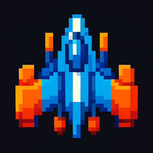 pixel shaceship facing foward.
In-Game asset.  2d.  High contrast.  No shadows