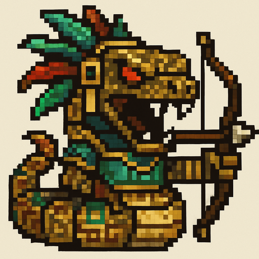 Genérame una Boa de arcoiris guerrero azteca con eso patrones, estilo pixelar, con una apariencia maligna, ojos rojos, rabioso. Unidad a distancia, con un arco o cerbatana. Animal.
In-Game asset.  2d.  High contrast.  No shadows