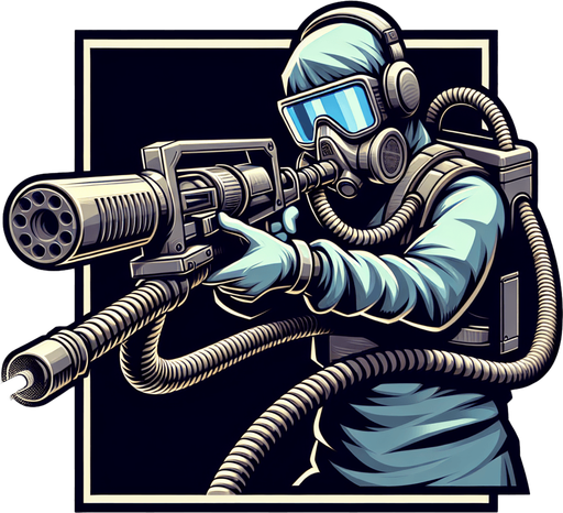 character with vaccum gun aiming front
  In-Game asset..
Single Game Texture.  In-Game asset.  2d.  Blank background.  High contrast.  No shadows
